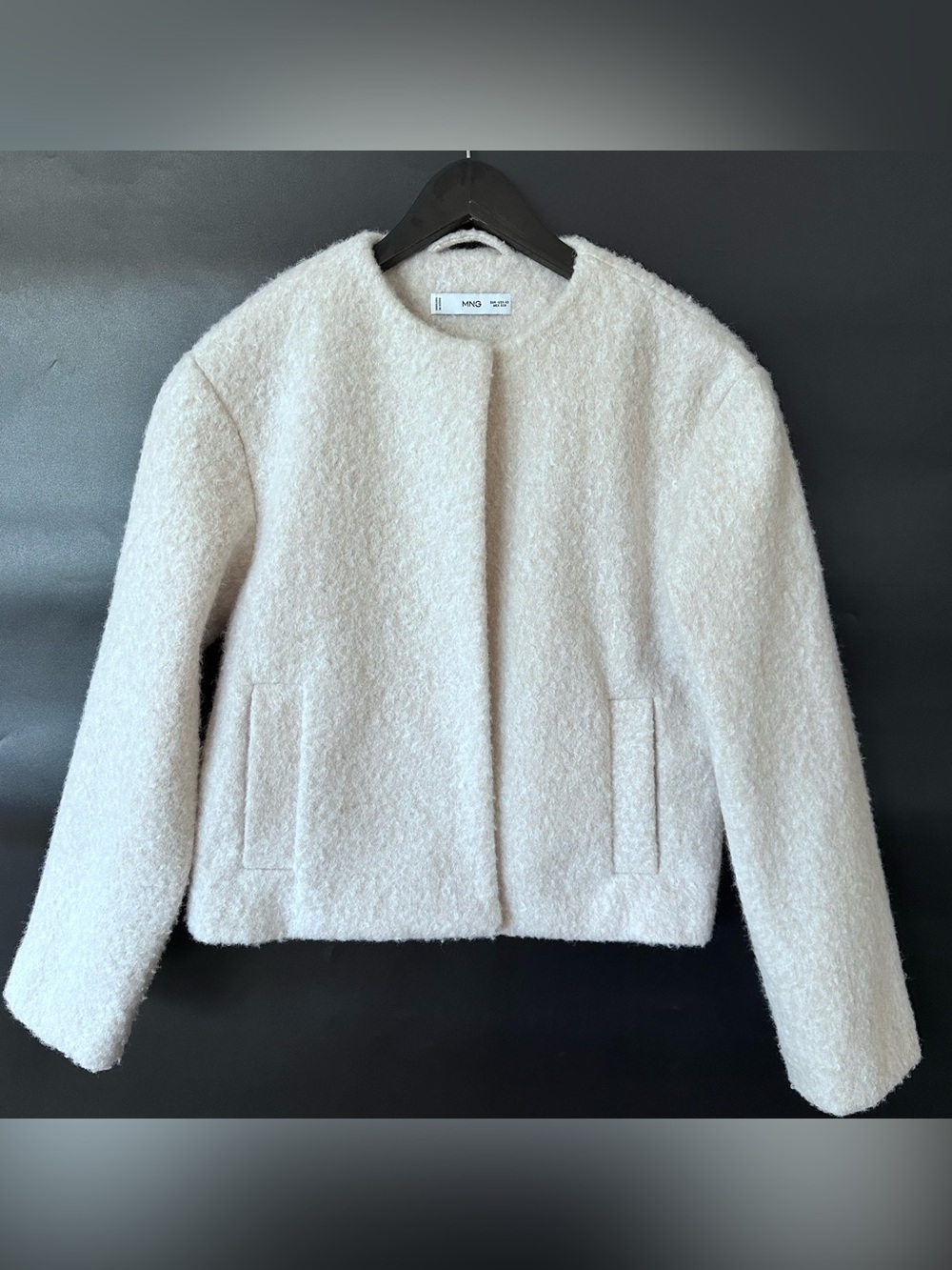 Mango MNG Women’s XS Ecru Textured Teddy Boucle Cropped Collarless Jacket
